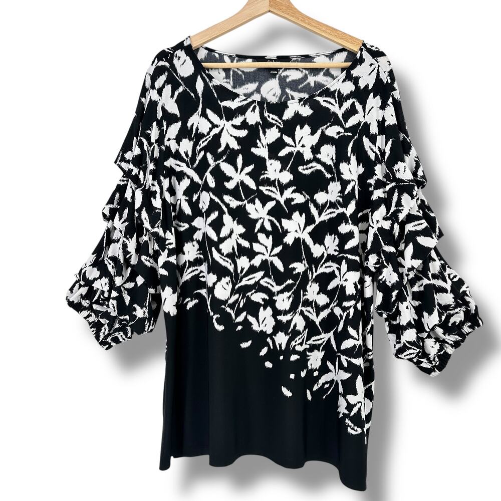 Slim Factor Investments Ruched Ruffle Sleeve Shirt Plus Size 2X Black White